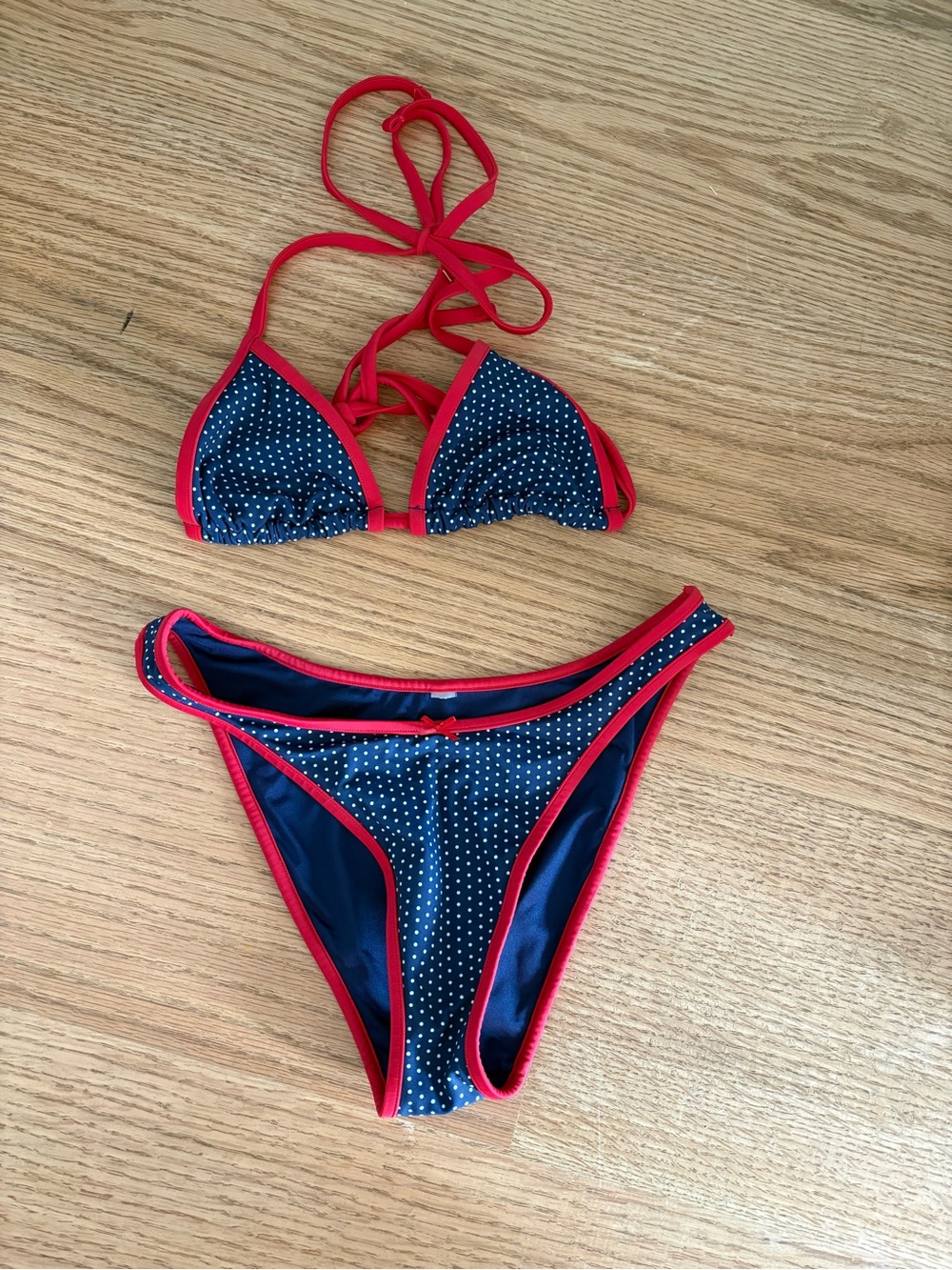 Frankie's Bikinis Navy Polka Dot Bikini with Red Trim